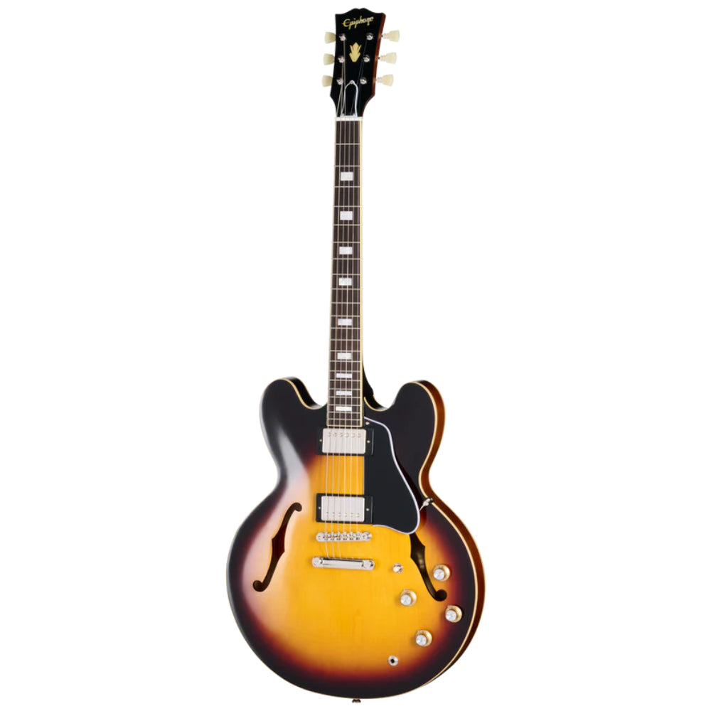 Epiphone Inspired by Gibson Custom 1962 ES-335 Vintage Burst Body View ; Epiphone Inspired by Gibson Custom 1962 ES-335 Vintage Burst Full View ; Epiphone Inspired by Gibson Custom 1962 ES-335 Vintage Burst Back View