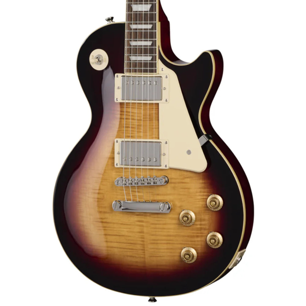Epiphone Les Paul Standard '50s Figured Bourbon Burst Body View ; Epiphone Les Paul Standard '50s Figured Bourbon Burst Full View ; Epiphone Les Paul Standard '50s Figured Bourbon Burst Back View