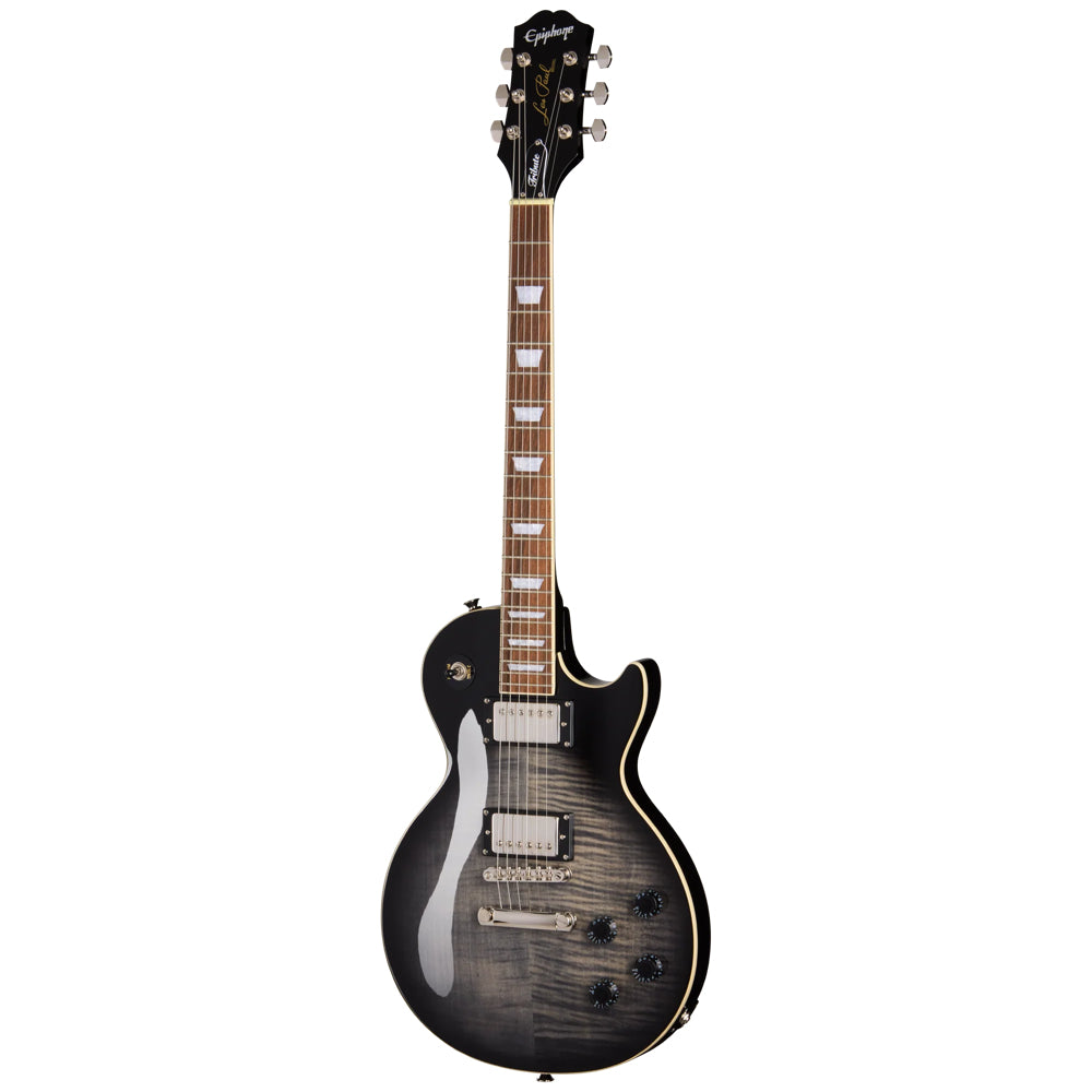 Epiphone Les Paul Tribute Plus Ebony Burst Body View ; Epiphone Les Paul Tribute Plus Ebony Burst Full View ; Epiphone Les Paul Tribute Plus Ebony Burst Back View