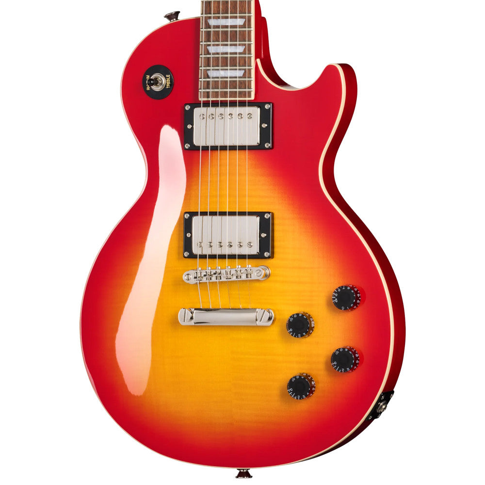 Epiphone Les Paul Tribute Plus Heritage Cherry Sunburst Body View ; Epiphone Les Paul Tribute Plus Heritage Cherry Sunburst Full View ; Epiphone Les Paul Tribute Plus Heritage Cherry Sunburst Back View