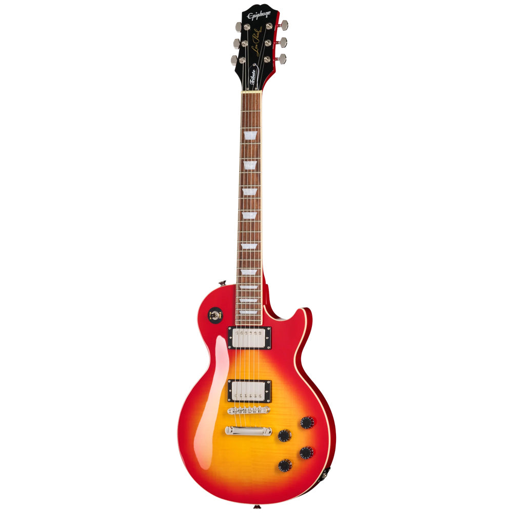 Epiphone Les Paul Tribute Plus Heritage Cherry Sunburst Body View ; Epiphone Les Paul Tribute Plus Heritage Cherry Sunburst Full View ; Epiphone Les Paul Tribute Plus Heritage Cherry Sunburst Back View