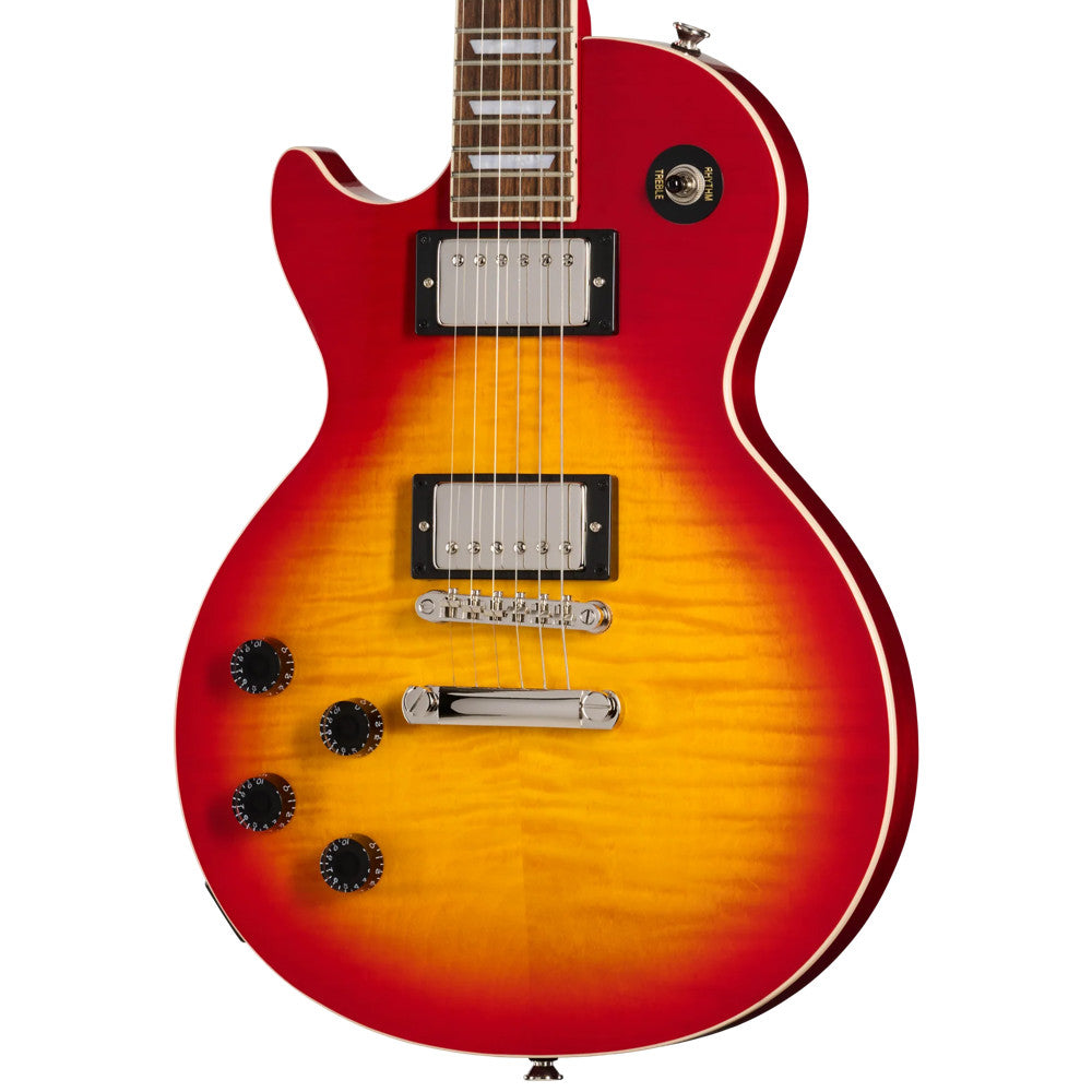 Epiphone Les Paul Tribute Plus Heritage Cherry Sunburst Left-Handed Body View ; Epiphone Les Paul Tribute Plus Heritage Cherry Sunburst Left-Handed Full View ; Epiphone Les Paul Tribute Plus Heritage Cherry Sunburst Left-Handed Back View