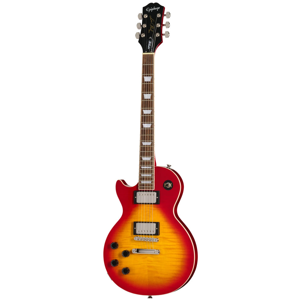 Epiphone Les Paul Tribute Plus Heritage Cherry Sunburst Left-Handed Body View ; Epiphone Les Paul Tribute Plus Heritage Cherry Sunburst Left-Handed Full View ; Epiphone Les Paul Tribute Plus Heritage Cherry Sunburst Left-Handed Back View