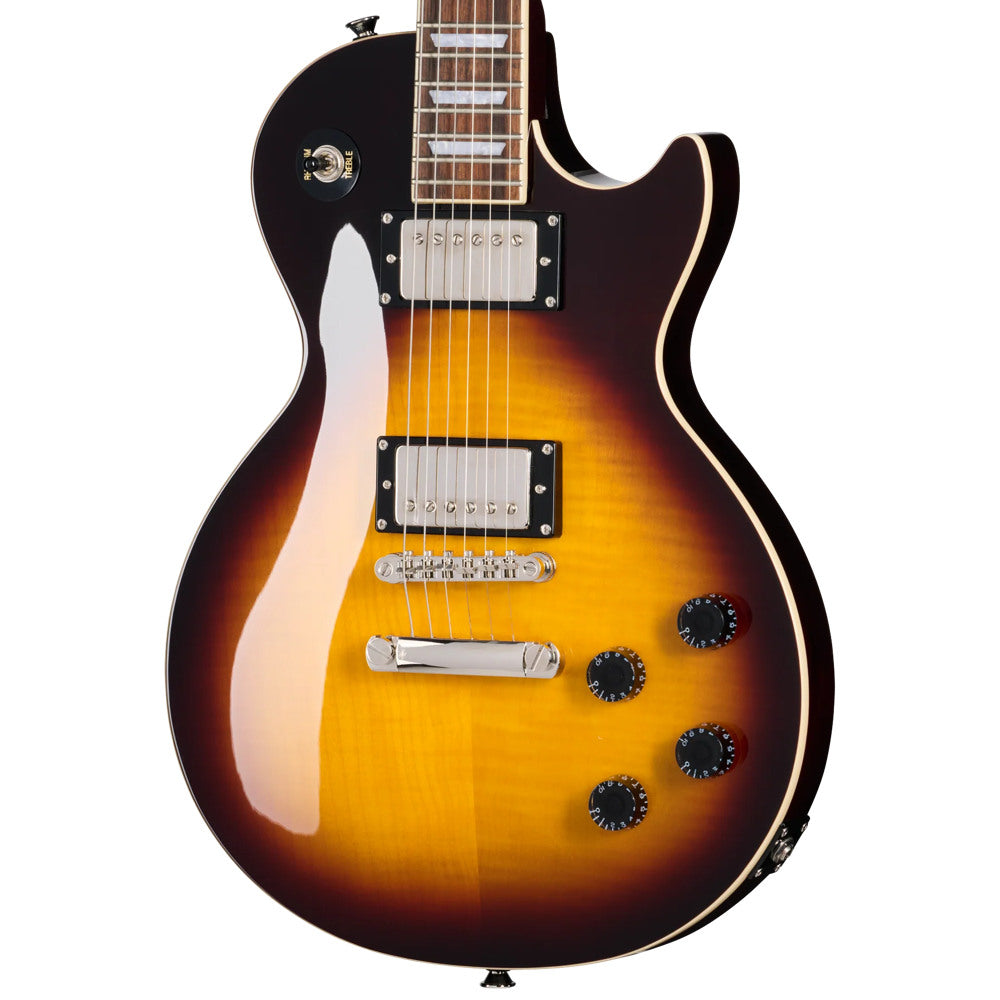 Epiphone Les Paul Tribute Plus Vintage Sunburst Body View ; Epiphone Les Paul Tribute Plus Vintage Sunburst Full View ; Epiphone Les Paul Tribute Plus Vintage Sunburst Back View