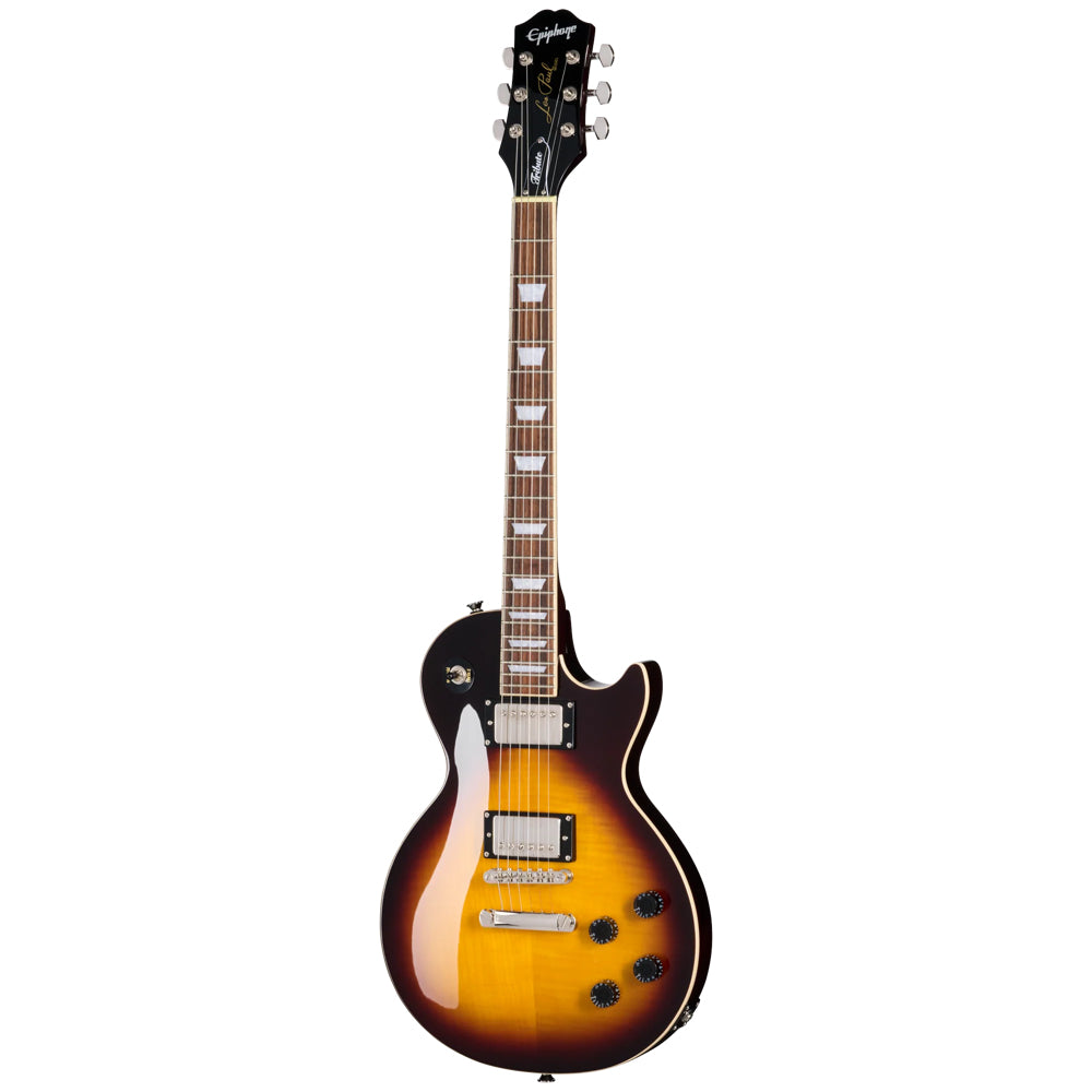 Epiphone Les Paul Tribute Plus Vintage Sunburst Body View ; Epiphone Les Paul Tribute Plus Vintage Sunburst Full View ; Epiphone Les Paul Tribute Plus Vintage Sunburst Back View