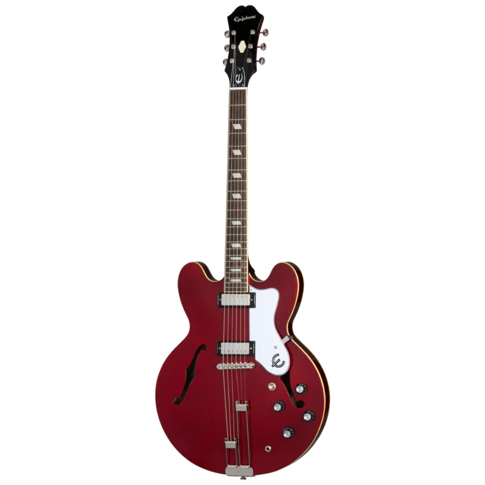 Epiphone Riviera Frequensator Sparkling Burgundy Body View ; Epiphone Riviera Frequensator Sparkling Burgundy Full View ; Epiphone Riviera Frequensator Sparkling Burgundy Back View