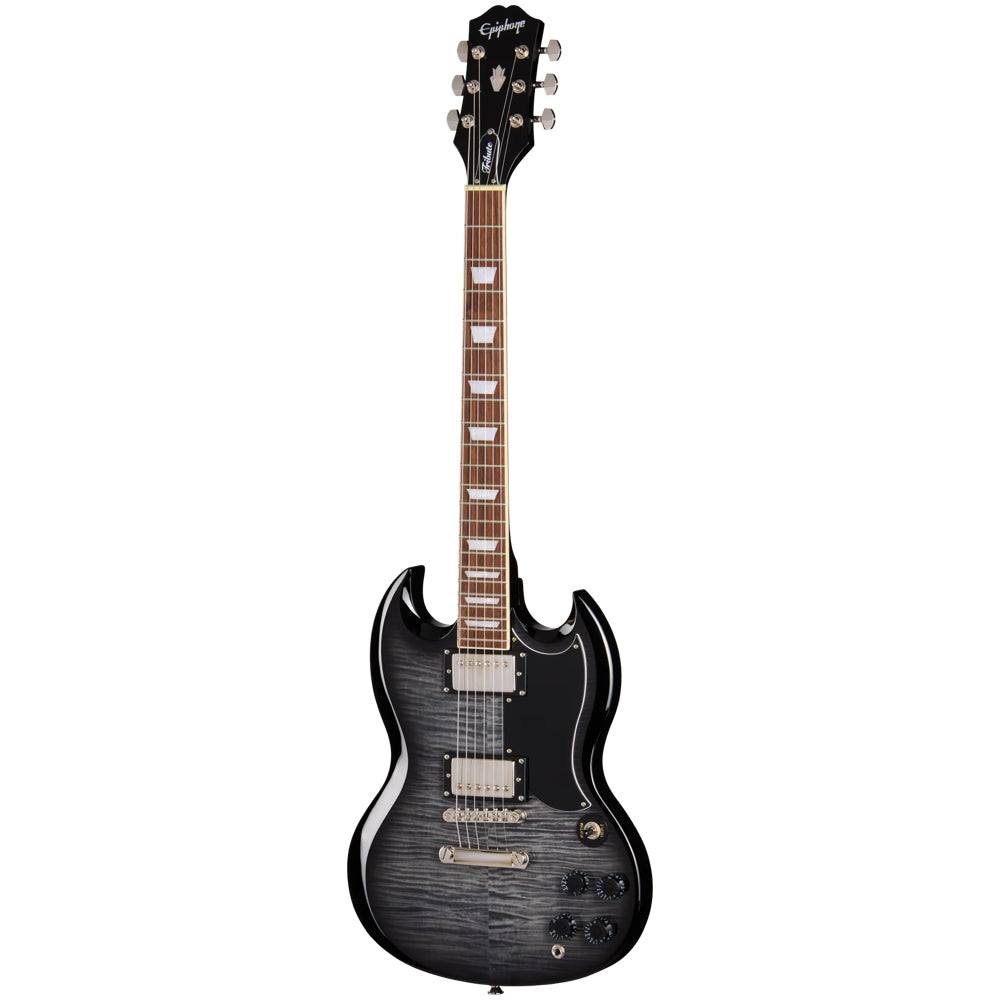 Epiphone SG Tribute Plus Ebony Burst Body View ; Epiphone SG Tribute Plus Ebony Burst Full View ; Epiphone SG Tribute Plus Ebony Burst Back View