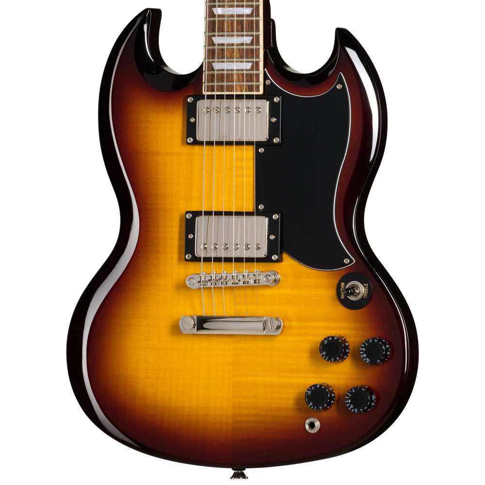 Epiphone SG Tribute Plus Vintage Sunburst Body View ; Epiphone SG Tribute Plus Vintage Sunburst Full View ; Epiphone SG Tribute Plus Vintage Sunburst Back View