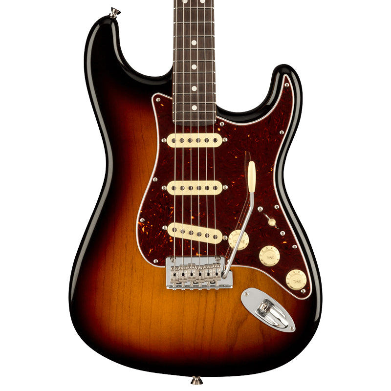 Fender AM Pro II Strat 3 Colour Sunburst body ; Fender American Professional II Stratocaster Rosewood (3-Colour Sunburst) ; Fender AM Pro II STrat RW Headstock