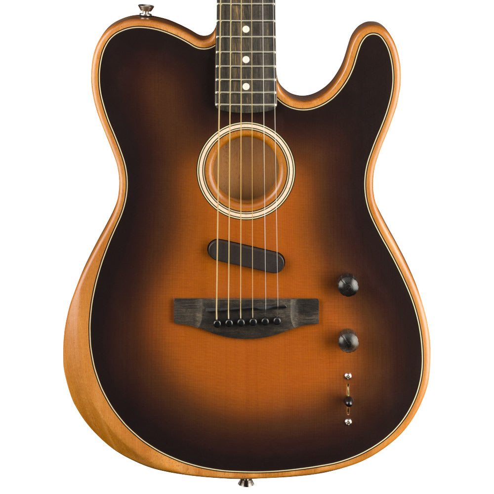 Fender American Acoustasonic Telecaster Sunburst Close view ; Fender American Acoustasonic Telecaster Sunburst Full view ; Fender American Acoustasonic Telecaster Sunburst Back view