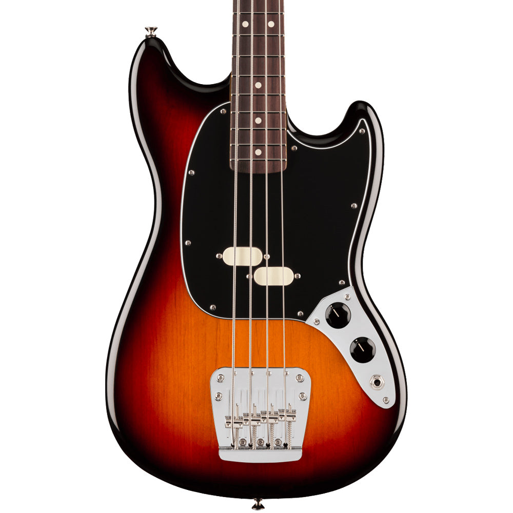 Fender American Professional Classic Mustang Bass Rosewood 3-Colour Sunburst close view ; Fender American Professional Classic Mustang Bass Rosewood 3-Colour Sunburst full view ; Fender American Professional Classic Mustang Bass Rosewood 3-Colour Sunburst back view