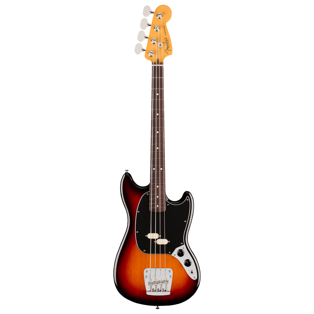 Fender American Professional Classic Mustang Bass Rosewood 3-Colour Sunburst close view ; Fender American Professional Classic Mustang Bass Rosewood 3-Colour Sunburst full view ; Fender American Professional Classic Mustang Bass Rosewood 3-Colour Sunburst back view