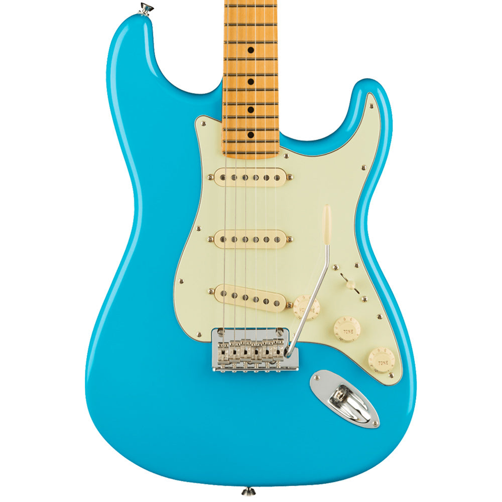 Fender American Professional II Stratocaster Miami Blue close view ; Fender American Professional II Stratocaster Miami Blue full view ; Fender American Professional II Stratocaster Miami Blue back view