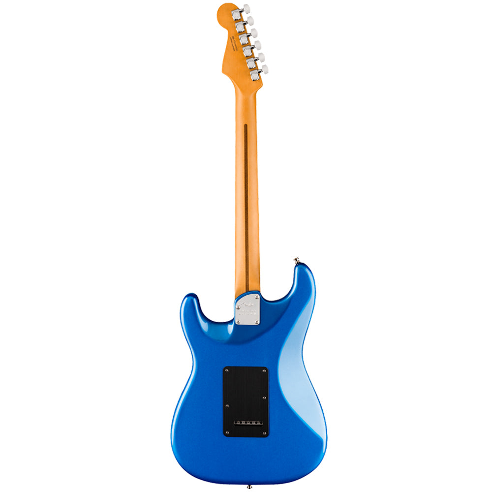 Fender American Ultra II Stratocaster Noble Blue close view ; Fender American Ultra II Stratocaster Noble Blue full view ; Fender American Ultra II Stratocaster Noble Blue back view