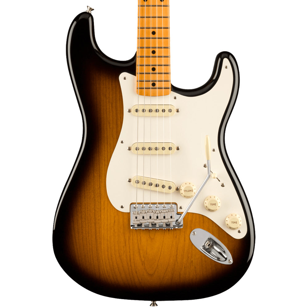 Fender American Vintage II 1957 Stratocaster 2-Colour Sunburst close view ; Fender American Vintage II 1957 Stratocaster 2-Colour Sunburst full view ; Fender American Vintage II 1957 Stratocaster 2-Colour Sunburst back view