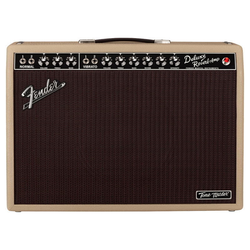 Fender Tone Master Deluxe Reverb Blonde Guitar Amp ; Fender Tone Master Deluxe Reverb Blonde Angle with footswitch ; Fender Tone Master Deluxe Reverb Blonde Guitar Amp