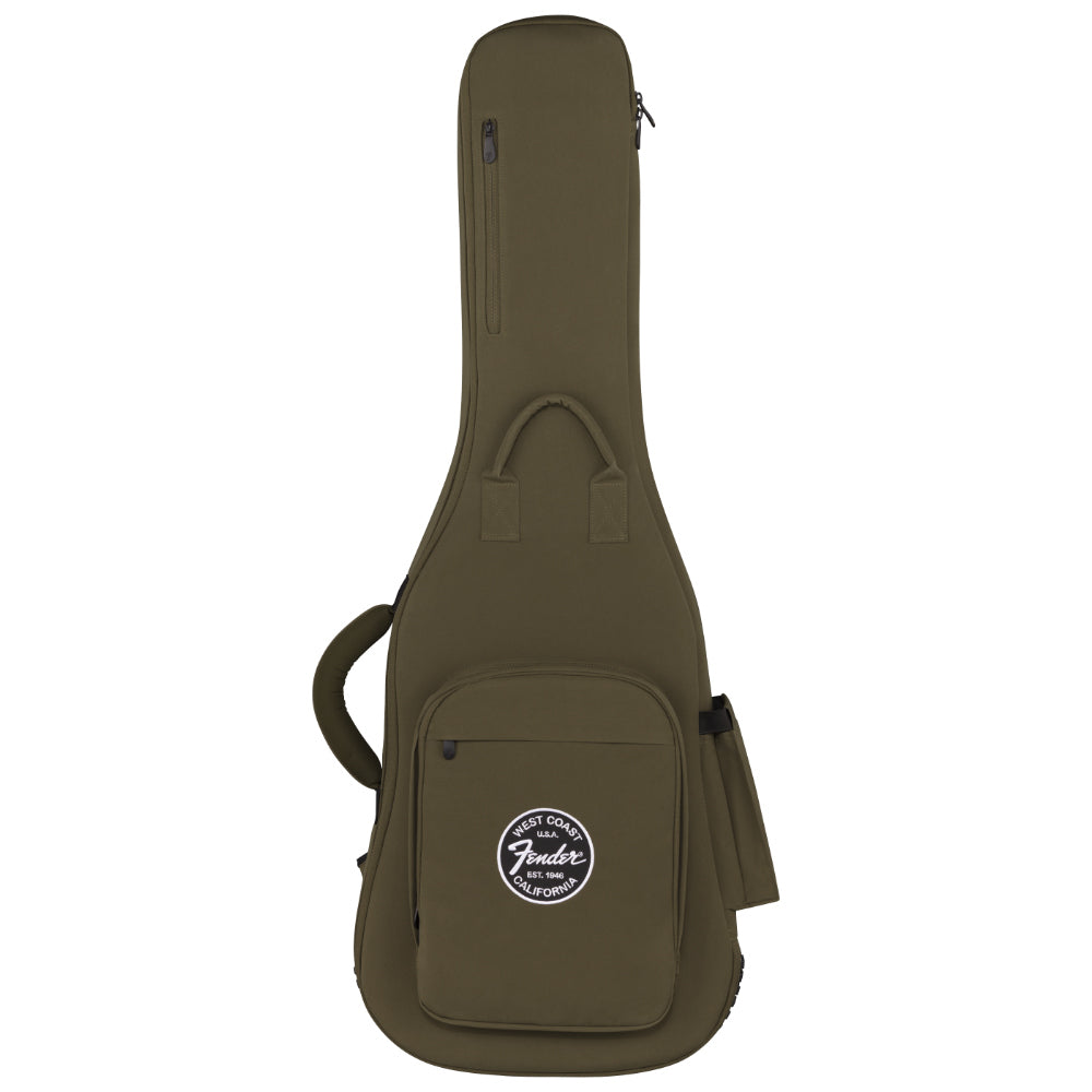 Fender Troubadour Electric Guitar Gig Bag Olive Front View ; Fender Troubadour Electric Guitar Gig Bag Olive Open View ; Fender Troubadour Electric Guitar Gig Bag Olive Back View
