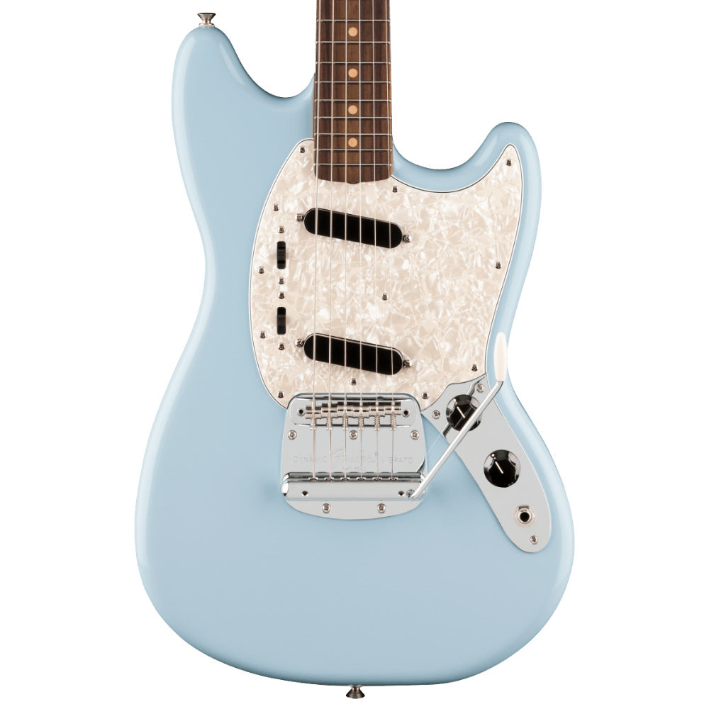 Fender Vintera III Mid '60s Mustang Sonic Blue Body View ; Fender Vintera III Mid '60s Mustang Sonic Blue Full View ; Fender Vintera III Mid '60s Mustang Sonic Blue Back View