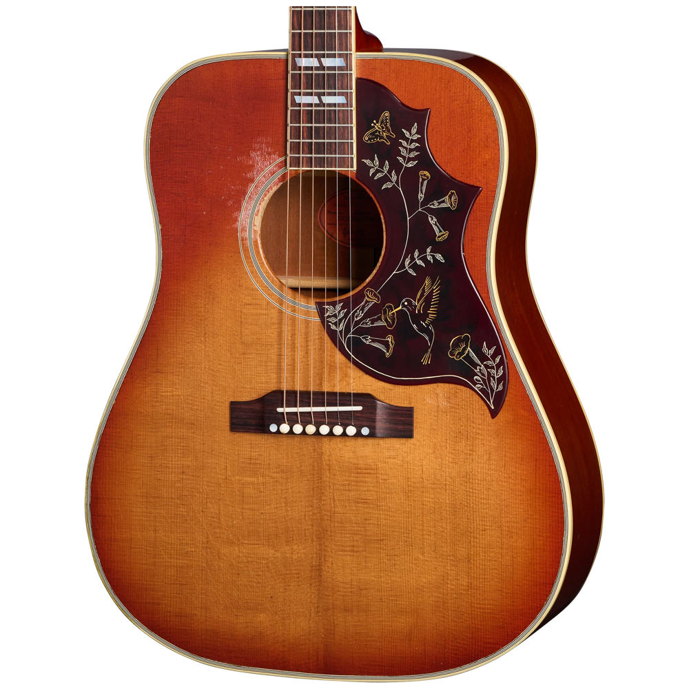 Gibson Custom Shop Murphy Lab 1960 Hummingbird Heavy Aged Washed Cherry Sunburst Body View ; Gibson Custom Shop Murphy Lab 1960 Hummingbird Heavy Aged Washed Cherry Sunburst Full View ; Gibson Custom Shop Murphy Lab 1960 Hummingbird Heavy Aged Washed Cherry Sunburst Back View