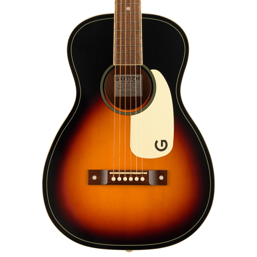 Gretsch Jim Dandy Parlor Rex Burst body view ; Gretsch Jim Dandy Parlor Rex Burst full view ; Gretsch Jim Dandy Parlor Rex Burst back view