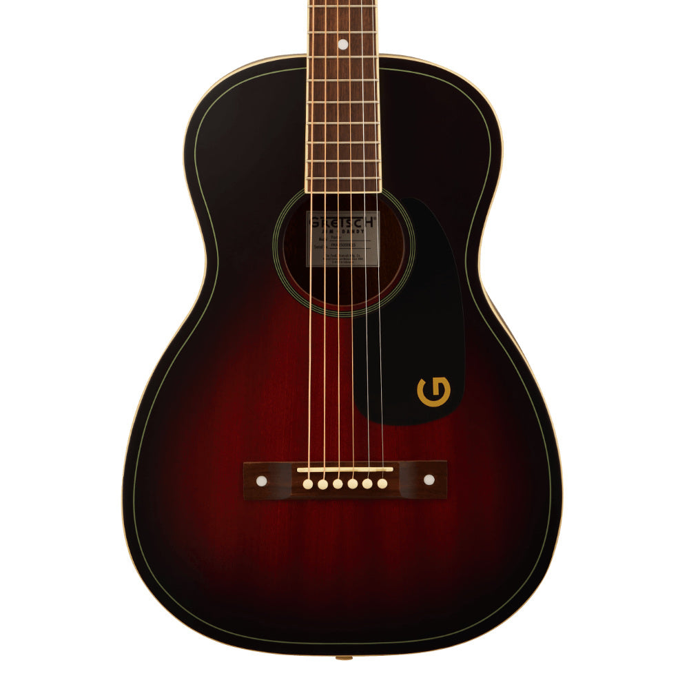 Gretsch Jim Dandy Parlour Deep Cherry Burst Body View ; Gretsch Jim Dandy Parlour Deep Cherry Burst Full View ; Gretsch Jim Dandy Parlour Deep Cherry Burst Back View