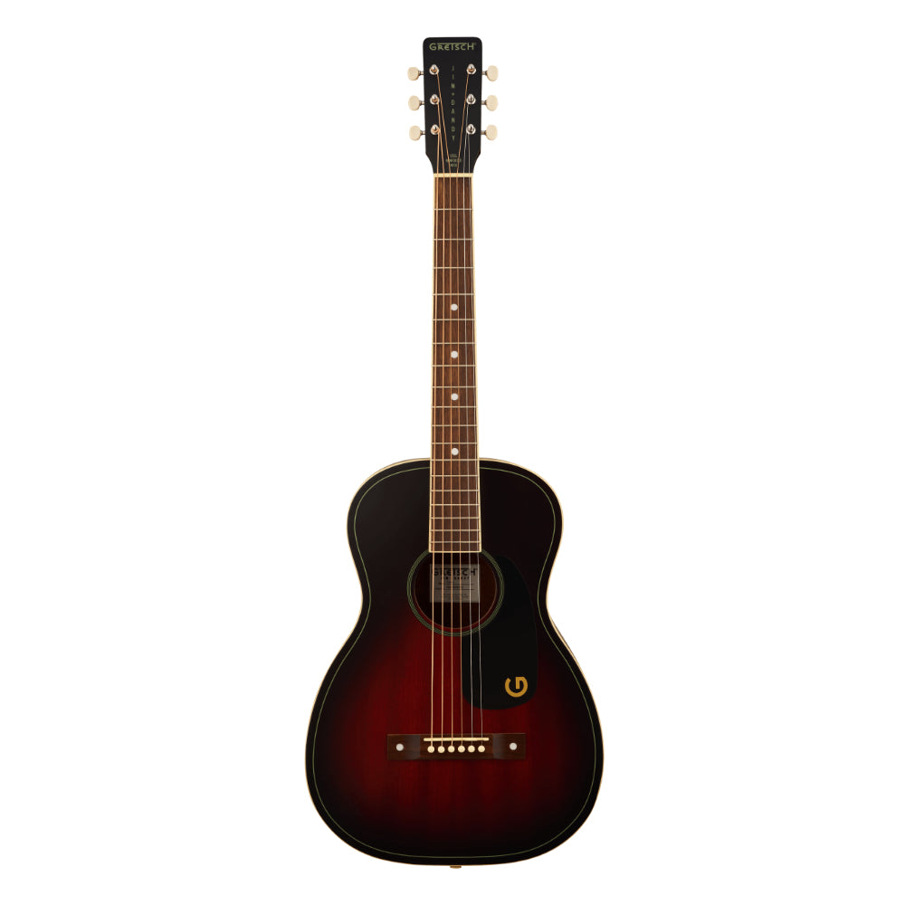 Gretsch Jim Dandy Parlour Deep Cherry Burst Body View ; Gretsch Jim Dandy Parlour Deep Cherry Burst Full View ; Gretsch Jim Dandy Parlour Deep Cherry Burst Back View