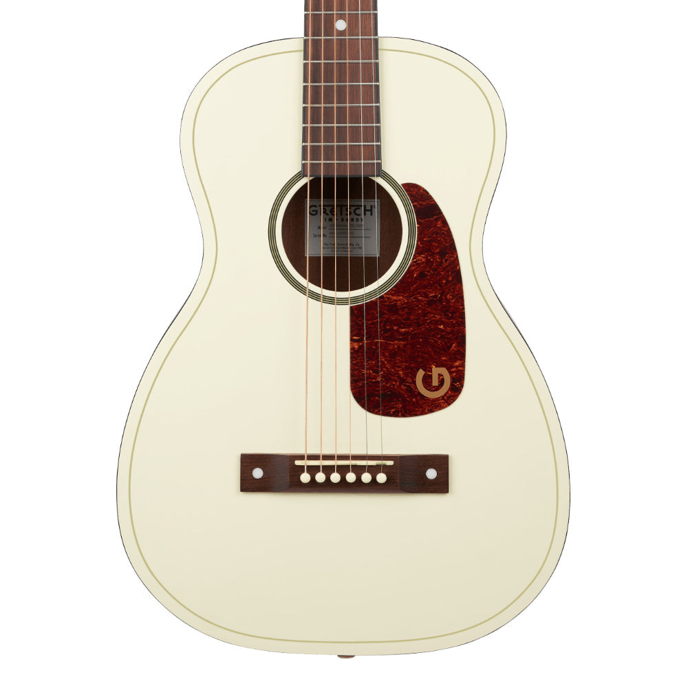 Gretsch Limited Edition Jim Dandy Parlour Vintage White Body View ; Gretsch Limited Edition Jim Dandy Parlour Vintage White Full View ; Gretsch Limited Edition Jim Dandy Parlour Vintage White Back View