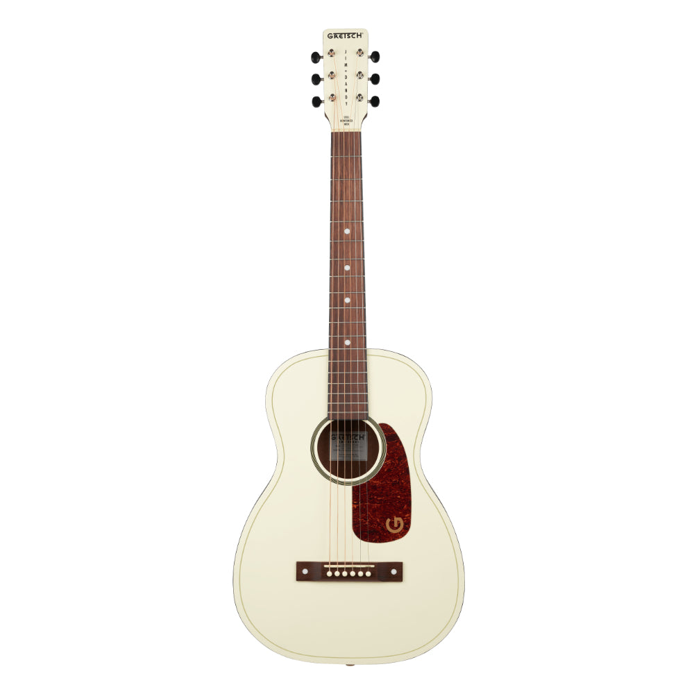 Gretsch Limited Edition Jim Dandy Parlour Vintage White Body View ; Gretsch Limited Edition Jim Dandy Parlour Vintage White Full View ; Gretsch Limited Edition Jim Dandy Parlour Vintage White Back View