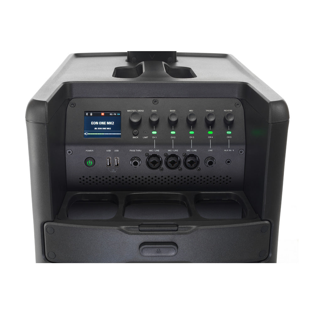 JBL EON ONE MKII All-In-One PA System Main View ; JBL EON ONE MKII All-In-One PA System Mixer View ; JBL EON ONE MKII All-In-One PA System Pack Down View ; JBL EON ONE MKII All-In-One PA System Back View