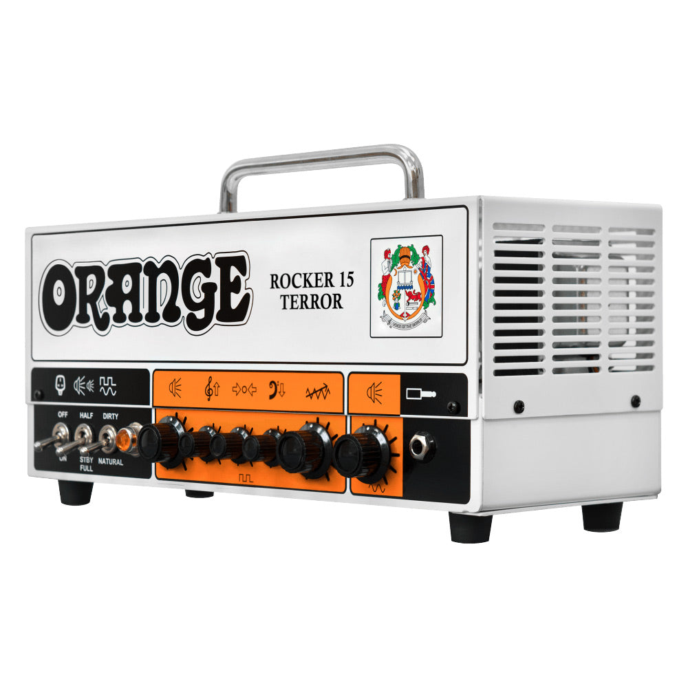 Orange Rocker 15 Terror Guitar Amp Head Front ; Orange Rocker 15 Terror Guitar Amp Head Angle ; Orange Rocker 15 Terror Guitar Amp Head Side ; Orange Rocker 15 Terror Guitar Amp Head Stack Rear