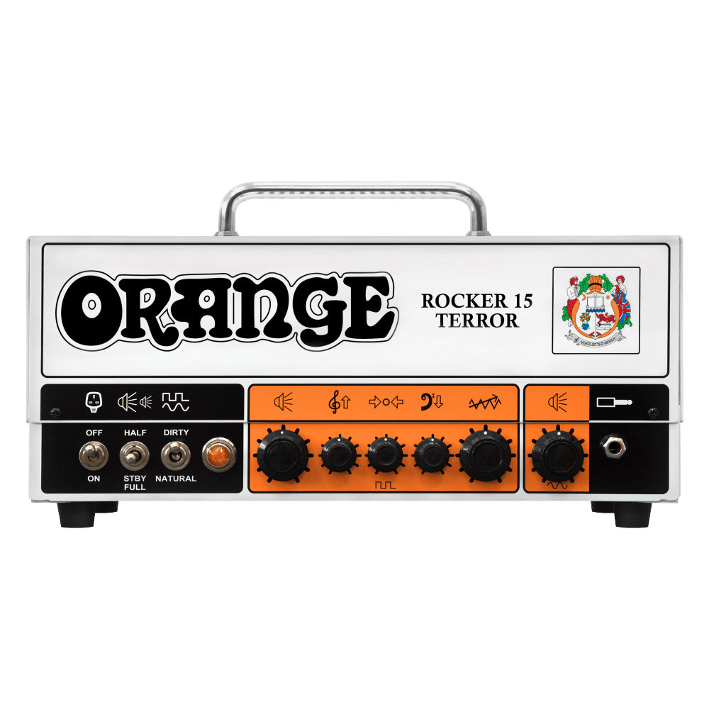 Orange Rocker 15 Terror Guitar Amp Head Front ; Orange Rocker 15 Terror Guitar Amp Head Angle ; Orange Rocker 15 Terror Guitar Amp Head Side ; Orange Rocker 15 Terror Guitar Amp Head Stack Rear