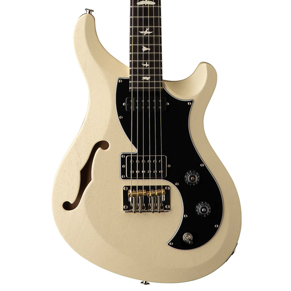 PRS S2 Vela Sem-Hollow-Satin Antique White Body View ; PRS S2 Vela Sem-Hollow-Satin Antique White Full View ; PRS S2 Vela Sem-Hollow-Satin Antique White Headstock View