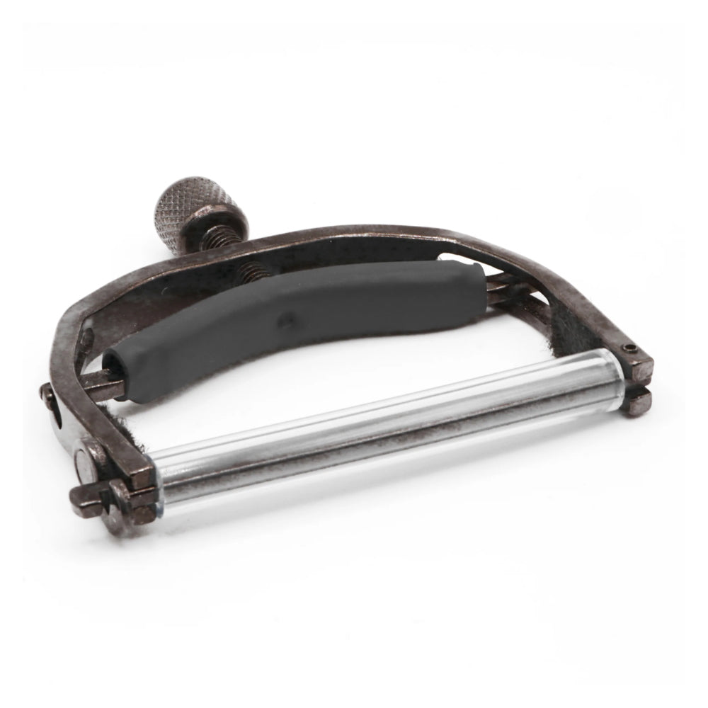Paige Original 6-String Acoustic Capo Wide Smokey Black Nickel ; Paige Original 6-String Acoustic Capo Wide Smokey Black Nickel Open View ; Paige Original 6-String Acoustic Capo Wide Smokey Black Nickel Bottom View