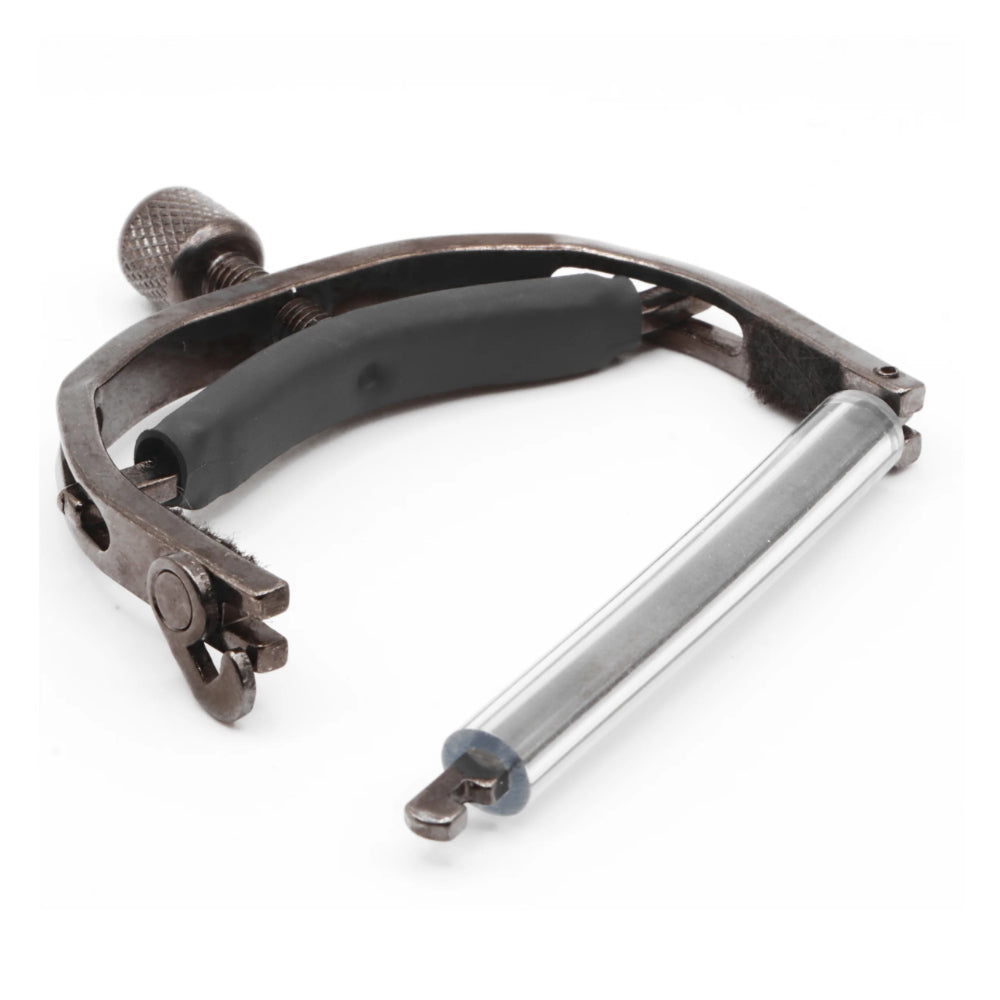 Paige Original 6-String Acoustic Capo Wide Smokey Black Nickel ; Paige Original 6-String Acoustic Capo Wide Smokey Black Nickel Open View ; Paige Original 6-String Acoustic Capo Wide Smokey Black Nickel Bottom View