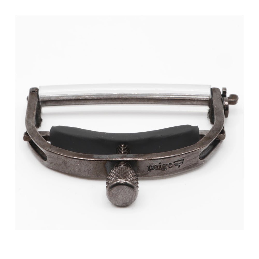 Paige Original 12-String Acoustic Capo Smokey Black Nickel ; Paige Original 12-String Acoustic Capo Smokey Black Nickel Open View ; Paige Original 12-String Acoustic Capo Smokey Black Nickel Bottom View