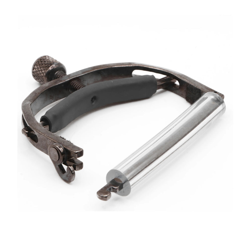 Paige Original 12-String Acoustic Capo Smokey Black Nickel ; Paige Original 12-String Acoustic Capo Smokey Black Nickel Open View ; Paige Original 12-String Acoustic Capo Smokey Black Nickel Bottom View