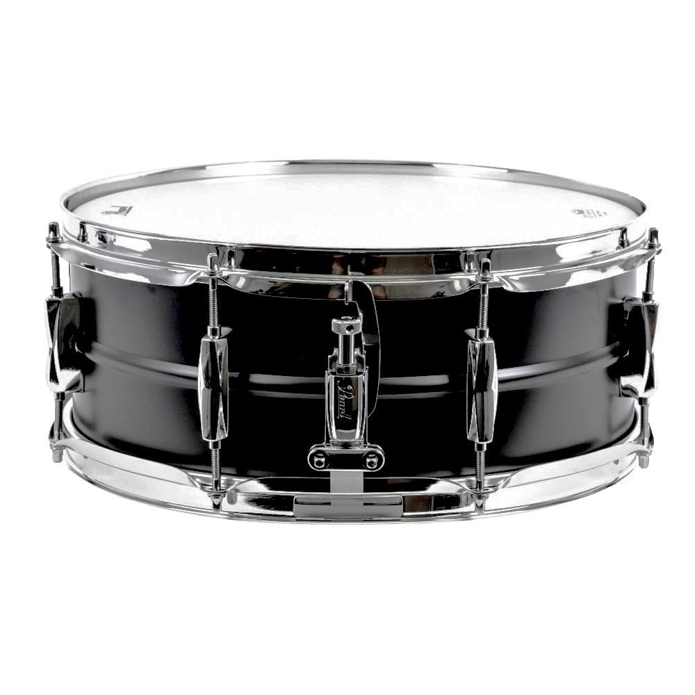 Pearl Limited Edition Sensitone Heritage Alloy Steel 14″x 5.5″ Matte Black Snare Drum Front View ; Pearl Limited Edition Sensitone Heritage Alloy Steel 14″x 5.5″ Matte Black Snare Drum Side View