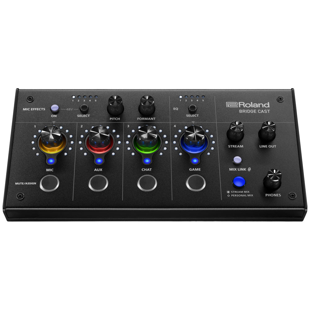 Roland Bridgecast Gaming Mixer Front ; Roland Bridgecast Gaming Mixer Front Angle ; Roland Bridgecast Gaming Mixer Side Angle ; Roland Bridgecast Gaming Mixer Rear ; Roland Bridgecast Gaming Mixer Connections