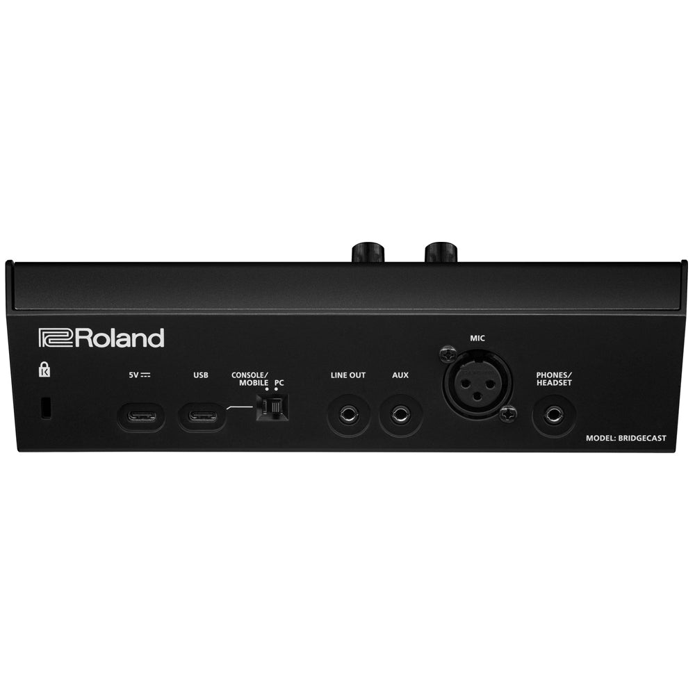 Roland Bridgecast Gaming Mixer Front ; Roland Bridgecast Gaming Mixer Front Angle ; Roland Bridgecast Gaming Mixer Side Angle ; Roland Bridgecast Gaming Mixer Rear ; Roland Bridgecast Gaming Mixer Connections