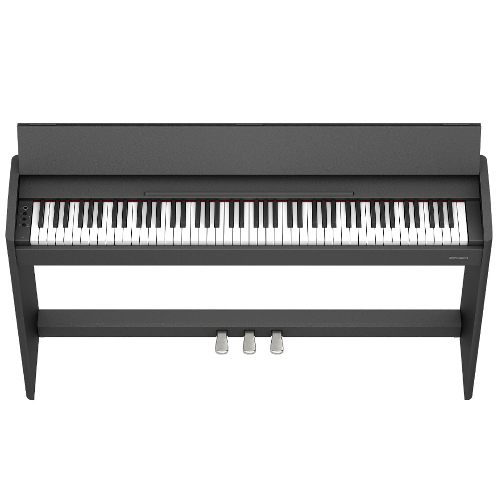 Roland F107 Compact Digital Piano Black Angle ; Roland F107 Compact Digital Piano Black Front Angle ; Roland F107 Compact Digital Piano Black Angle Bench ; Roland F107 Compact Digital Piano Black Above