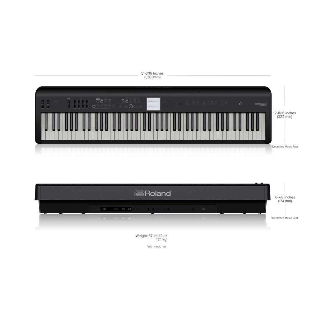 Roland FP-E50 Entertainment Digital Piano Bundle Complete Angle ; Roland FP-E50 Entertainment Digital Piano Bundle Complete Front ; Roland FP-E50 Entertainment Digital Piano Bundle Front ; Roland FP-E50 Entertainment Digital Piano Bundle Top ; Roland FP-E50 Entertainment Digital Piano Bundle Front Music Stand ; Roland FP-E50 Entertainment Digital Piano Bundle Rear ; Roland FP-E50 Entertainment Digital Piano Bundle Wheels ; Roland FP-E50 Entertainment Digital Piano Bundle Dimensions