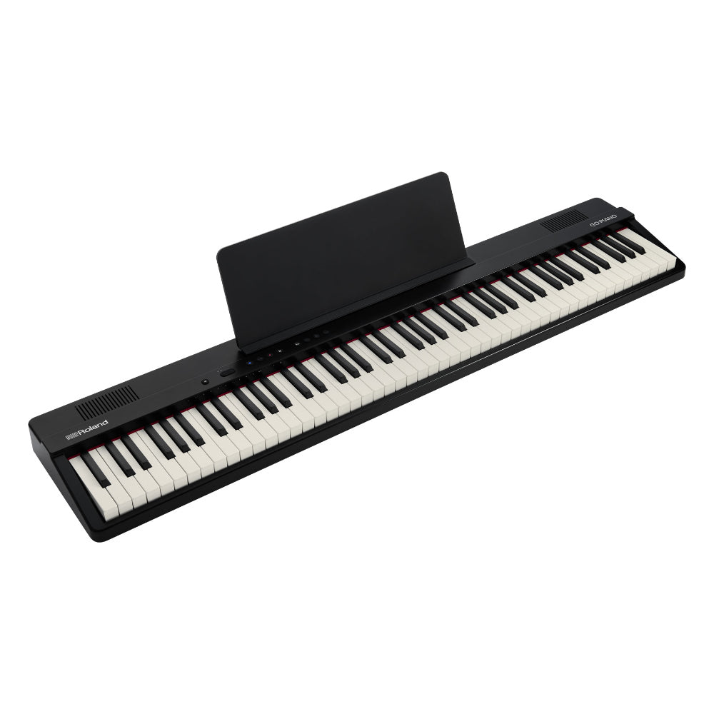 Roland GO:PIANO88 PX Portable Digital Piano Top View ; Roland GO:PIANO88 PX Portable Digital Piano Side with Music Rest ; Roland GO:PIANO88 PX Portable Digital Piano Back View
