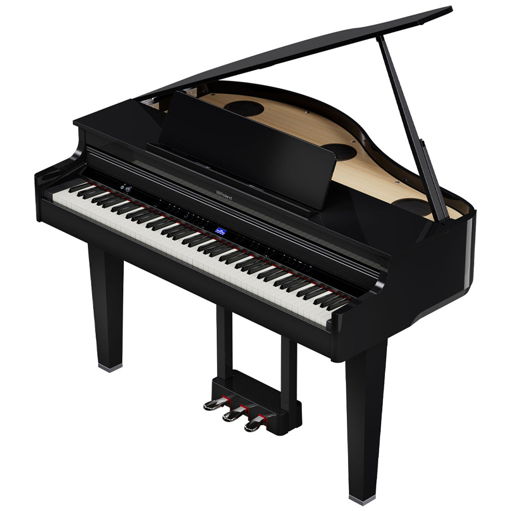 Roland GP6PE Mini Grand Piano - Polished Ebony W/Piano Bench Open Above ; Roland GP6PE Mini Grand Piano - Polished Ebony W/Piano Bench Open Angle ; Roland GP6PE Mini Grand Piano - Polished Ebony W/Piano Bench Open Side