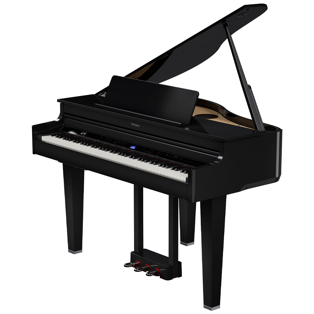 Roland GP6PE Mini Grand Piano - Polished Ebony W/Piano Bench Open Above ; Roland GP6PE Mini Grand Piano - Polished Ebony W/Piano Bench Open Angle ; Roland GP6PE Mini Grand Piano - Polished Ebony W/Piano Bench Open Side