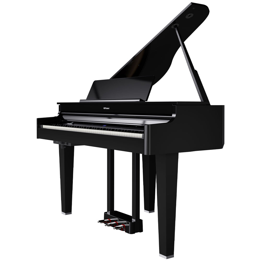 Roland GP6PE Mini Grand Piano - Polished Ebony W/Piano Bench Open Above ; Roland GP6PE Mini Grand Piano - Polished Ebony W/Piano Bench Open Angle ; Roland GP6PE Mini Grand Piano - Polished Ebony W/Piano Bench Open Side