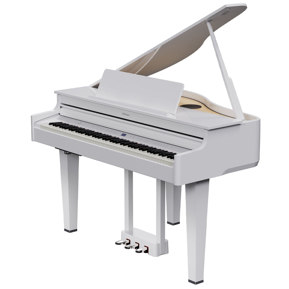 Roland GP6PW Mini Grand Piano - Polished White W/Piano Bench Open Above ; Roland GP6PW Mini Grand Piano - Polished White W/Piano Bench Open Angle ; Roland GP6PW Mini Grand Piano - Polished White W/Piano Bench Open Side