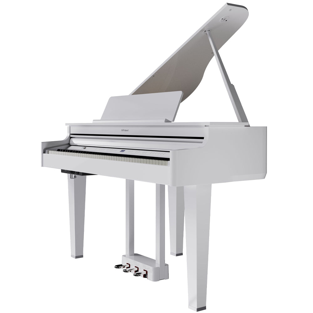 Roland GP6PW Mini Grand Piano - Polished White W/Piano Bench Open Above ; Roland GP6PW Mini Grand Piano - Polished White W/Piano Bench Open Angle ; Roland GP6PW Mini Grand Piano - Polished White W/Piano Bench Open Side