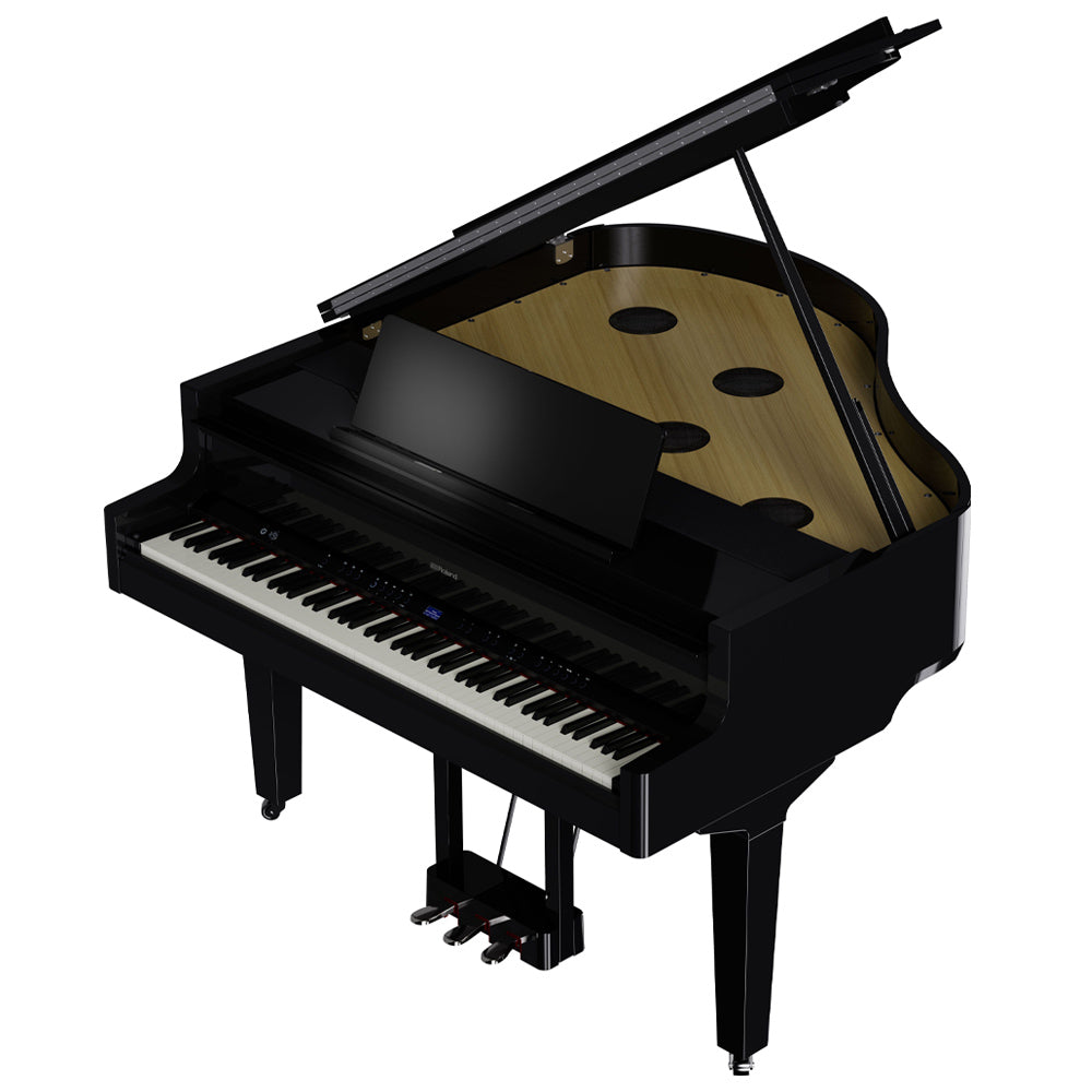 Roland GP9PE Grand Piano - Polished Ebony W/Piano Bench Angle Above ; Roland GP9PE Grand Piano - Polished Ebony W/Piano Bench Open Angle ; Roland GP9PE Grand Piano - Polished Ebony W/Piano Bench Angle Side ; Roland GP9PE Grand Piano - Polished Ebony W/Piano Bench Overhead