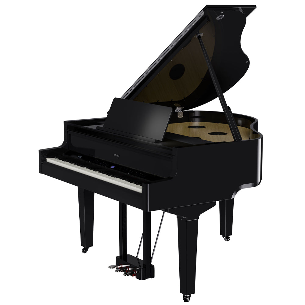 Roland GP9PE Grand Piano - Polished Ebony W/Piano Bench Angle Above ; Roland GP9PE Grand Piano - Polished Ebony W/Piano Bench Open Angle ; Roland GP9PE Grand Piano - Polished Ebony W/Piano Bench Angle Side ; Roland GP9PE Grand Piano - Polished Ebony W/Piano Bench Overhead