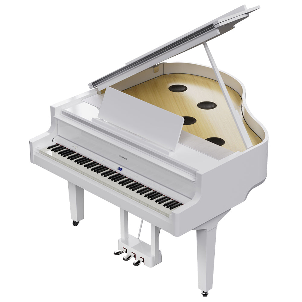 Roland GP9PW Grand Piano - Polished White W/Piano Bench Angle Above ; Roland GP9PW Grand Piano - Polished White W/Piano Bench Open Angle